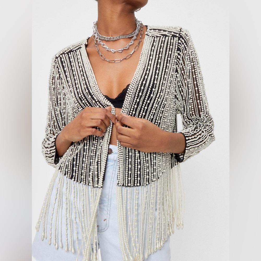 NastyGal Pearl Embellished Fringed Jacket: Size 8